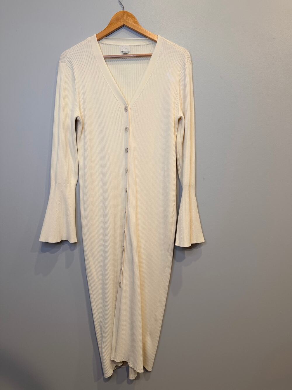 A New Day Ivory Knit V-Neck Button Up Maxi Sweater Dress Long Bell Sleeve Size L